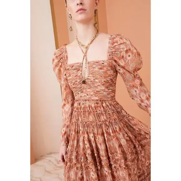 Ulla Johnson Rabia Horizon Brown Printed Silk Blend Maxi Gown Dress Women’s 2 - Picture 4 of 15